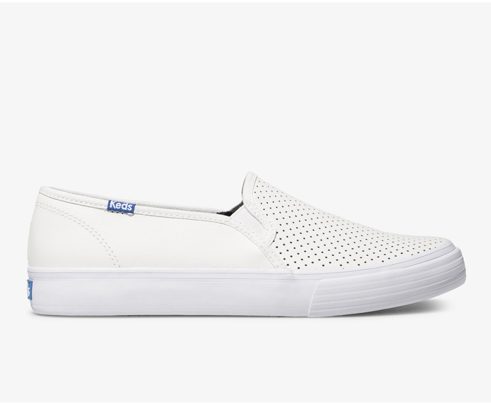 Keds Womens Slip Ons White - Double Decker Perf Leather - 672AGZNHQ